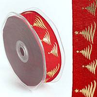 Karácsonyi textilszalag - piros / arany fenyőfás - 25 mm x 10 méter