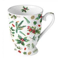 Karácsonyi porcelán bögre 250 ml - magyal - fenyőágas / Winter greenery white