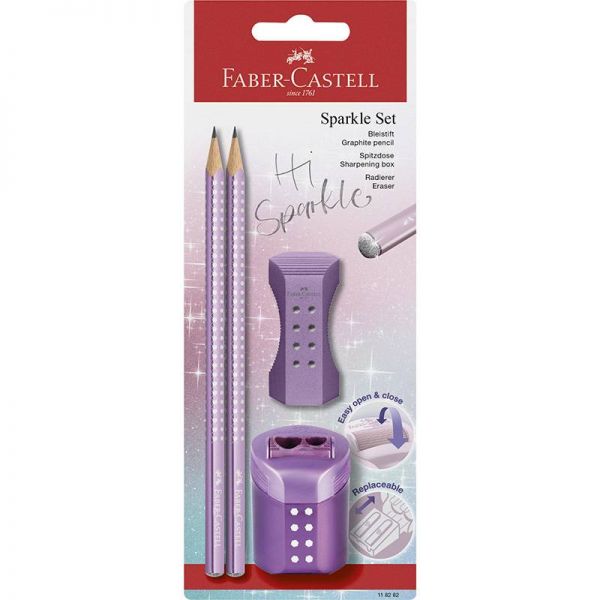 Faber-Castell Grip Sparkle Roll-On grafitceruza  szett - 2 db ceruza + hegyező + radír - metál lila