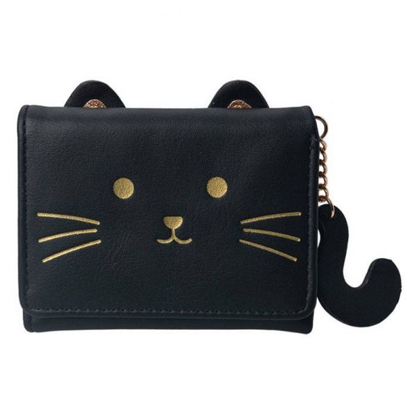 Fekete macskás pénztárca cicafarokkal - 10x8 cm