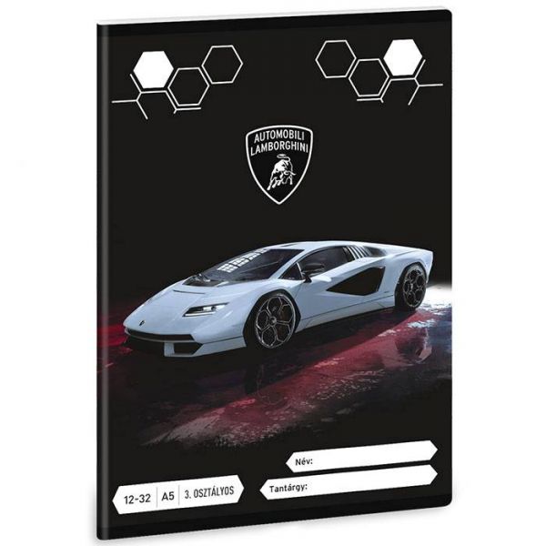 Lamborghini autós füzet - 3. osztályos vonalas - 12-32 - fekete/ezüst