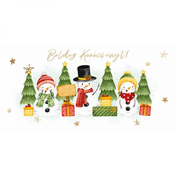 Boldog karácsonyt! képeslap - hóemberes - karácsonyfás