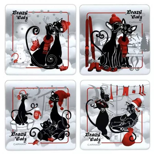 Crazy Cats fekete macskás parafa poháralátét szett karácsonyi kiadásban - 4 darabos