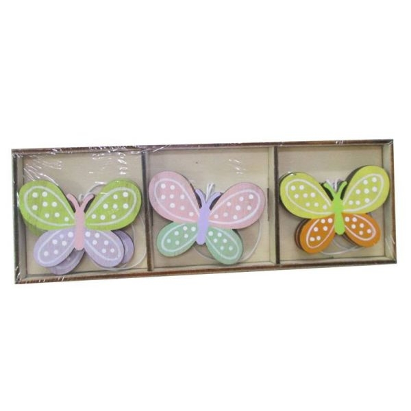 Felakasztható fa pillangó dekoráció - színes pöttyös - 6 darabos