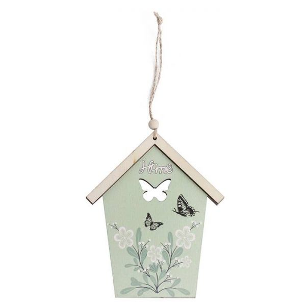 HOME feliiratú pillangó dekorú házas ajtókopogtató / ablakdísz fából - 15x12 cm
