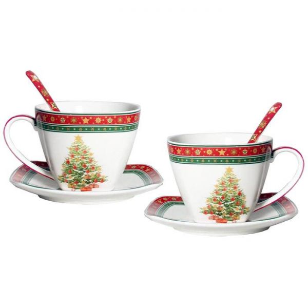 Karácsonyi porcelán csésze aljjal kanállal - 2  személyes - karácsonyfás