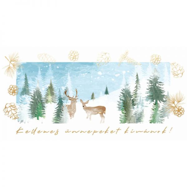 Kellemes ünnepeket kívánok karácsonyi képeslap - zsebes - szarvasok fenyőerdőben