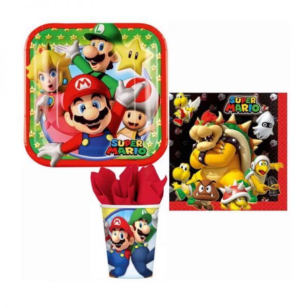 Super Mario party szett - 8 db tányér, 8 db pohár és szalvéta csomag
