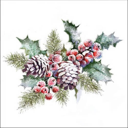 Karácsonyi magyal - tobozos mintájú szalvéta - 25x25 cm - Holly and Berries