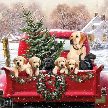 Karácsonyi szalvéta 25x25 cm - Family Trip kutyák autón