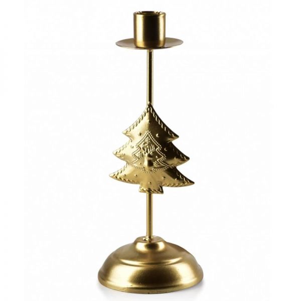 Karácsonyi fenyőfa dekorú talpas gyertyatartó - 20,5 cm - arany színű