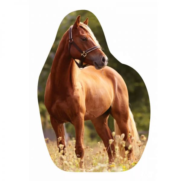 Lovas forma díszpárna - 39x30 cm - barna lovas zöld mezőn